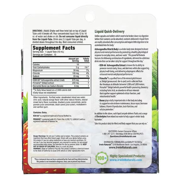 Ашваганда Irwin Naturals Ashwagandha Mind &amp; Body, Berry-Citrus, 10 Liquid-Tubes 100 ml | Зображення 1