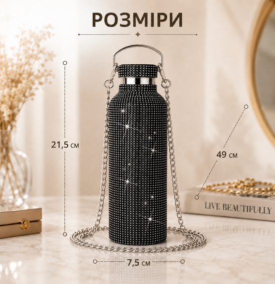 Термобутылка 500 мл со стразами и цепочкой, нержавеющая сталь, Черная в подарочной коробке | Зображення 1