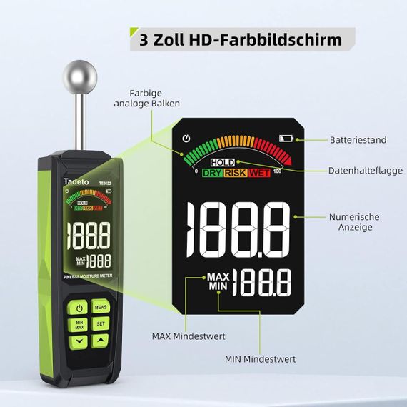 Вологомір, Вимірювач вологості TE0022 з глибиною аналізу 20-40 мм, кольоровим РК-дисплеєм, | Зображення 4