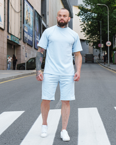 Мужской летний костюм с шортами и футболкой рубчик премиум-качество BD0026 цвет голубой, размер М