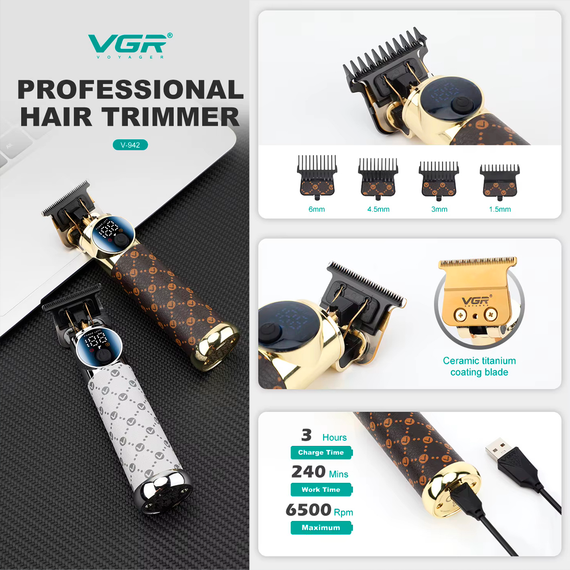 Триммер аккумуляторный VGR V-942 BROWN, 4 насадки, LED дисплей | Зображення 4