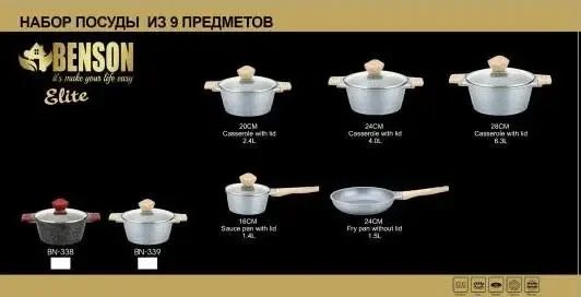 Набір каструль BN-339, 9 предметів, ковшик 1,4 л; 2,4 л; 4л; 6,3 л; сковорода 24см | Зображення 2