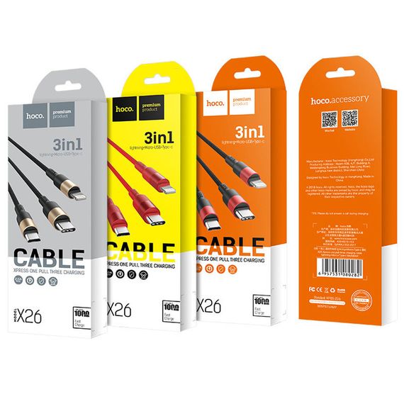 Дата кабель Hoco X26 Xpress 3in1 Lightning -MicroUSB-Type-C (1m) Чорний / Золотий | Зображення 4