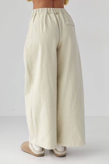 Котонові штани-палаццо зі складками - бежевий цвет, M (є розміри) | Зображення 1