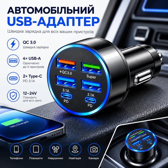 Автомобільний зарядний пристрій 6-в-1 PowerHub 100Вт (4USB + 2PD) | Зображення 1