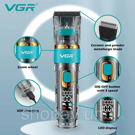 Машинка для стрижки VGR V 695 / Акумуляторна машинка для стрижки волосся + 6 насадок, з USB / Бездротовий триммер для стрижки | Зображення 2