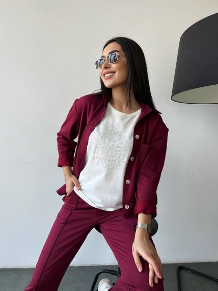 Женский костюм тройка рубашка+футболка+брюки трикотажный NB23007 размер 46/48 цвет бордовый | Зображення 2