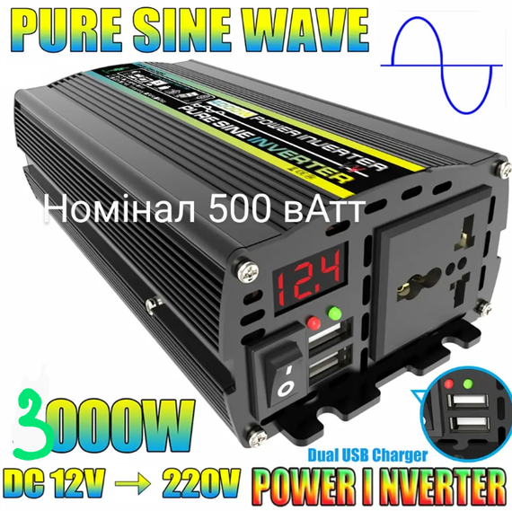 Інвертор напруги 12/220 вольтів чистий синус 3000w (500) | Зображення 1