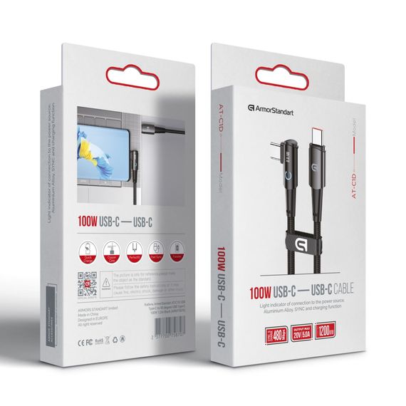 Дата кабель USB-C to USB-C 1.2m 90-degree 100W black Armorstandart (ARM75870) | Зображення 1