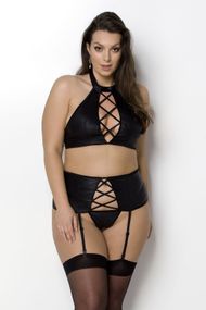 Комплект с имитацией шнуровки, трусики с разрезом, пояс для чулок Passion Nancy Set Черный 6XL/7XL