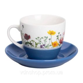 Порцелянова чашка з блюдцем 250 мл з квітами Синя RX-N24723BL