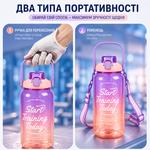 Спортивная бутылка для воды 1500 мл (1.5 л) с трубочкой и ремешком, Градиент Фиолетовый | Зображення 2