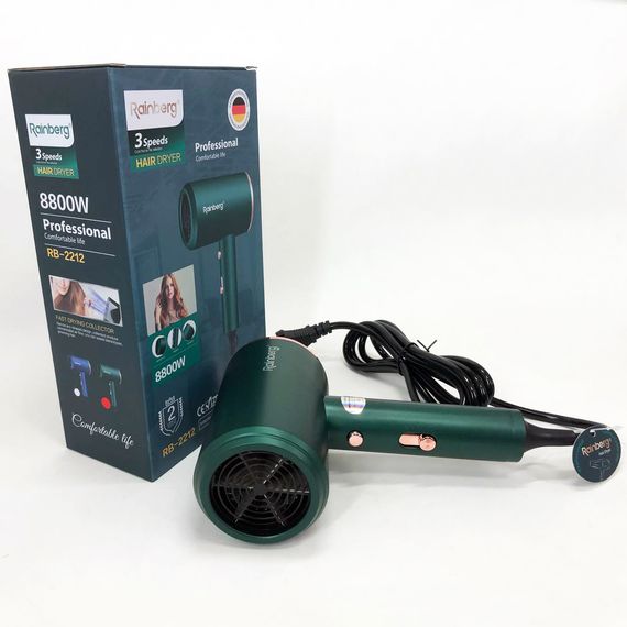 Фен Rainberg RB-2212 8800 W с регуляцией температуры и скорости для сушки и укладки волос. UZ-372 Цвет: зеленый | Зображення 8