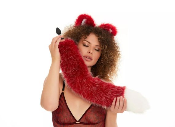 Анальний хутряний хвіст без пробки, Темно-червоний з білим кінчиком, OKOVA 60см. Sex Aura | Зображення 2