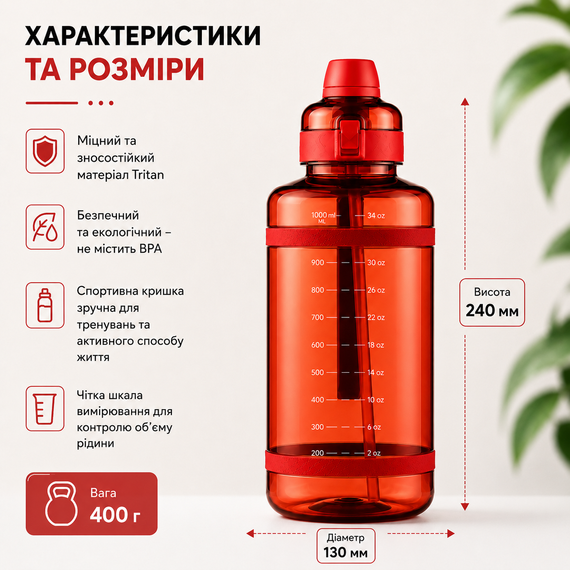 Удобная спортивная бутылка с соломинкой 1000 мл из тритана красная | Зображення 6