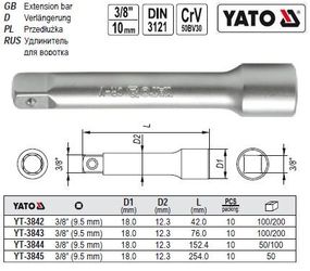 Подовжувач YATO Польща подовжувач M=3/8"(9,5) L=152 YT-3844