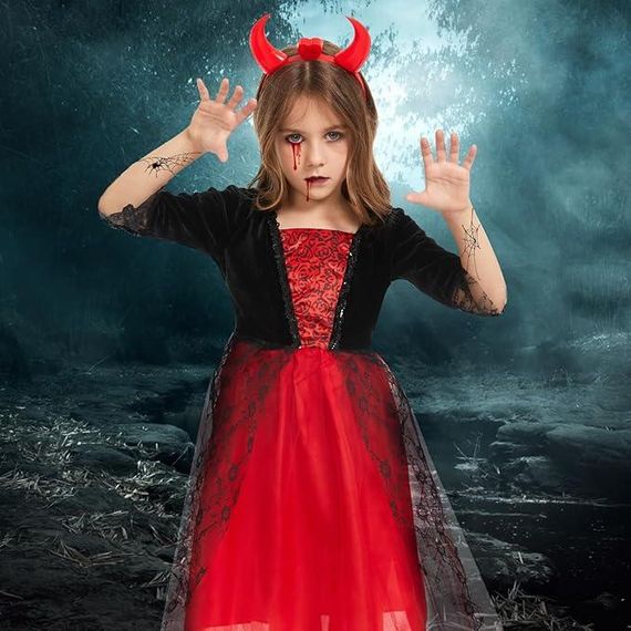 Костюм сукня вампіра чортика для дівчинки червона, комплект на Хелловін, обруч із ріжками, наліпка-татуювання на 105-115 см 4-6р | Зображення 3