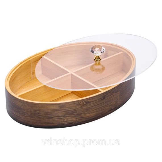Менажниця дерев'яна на 4 секції зі скляною кришкою для закусок овальна HB-40-8 | Зображення 2