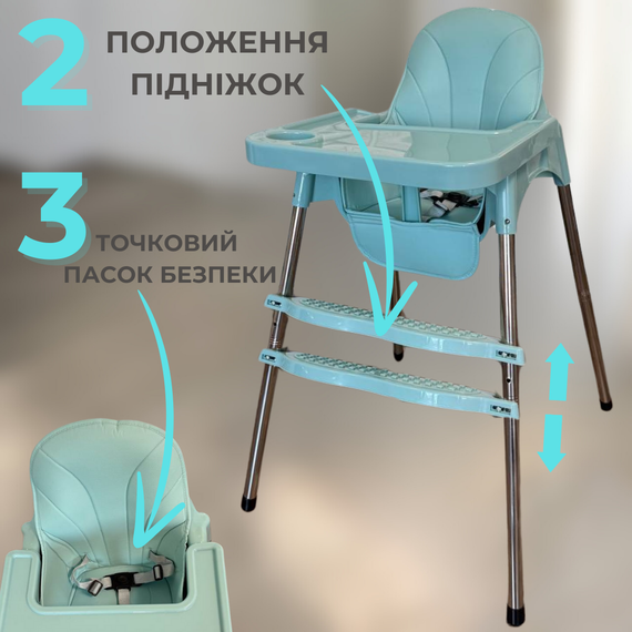Детский стул для кормления с подножкой стол для кормления с подушкой из эко кожи стульчик для кормления синий | Зображення 4