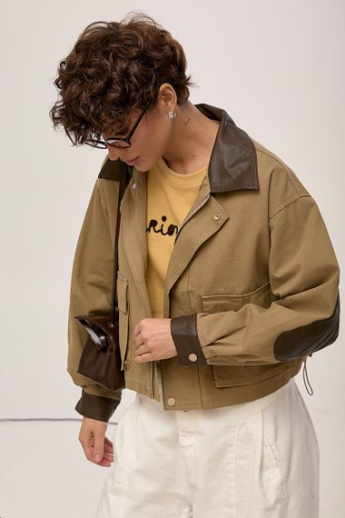 Котонова вітровка зі вставками з еко-шкіри - світло-коричневий цвет, ONE SIZE (є розміри) | Зображення 4