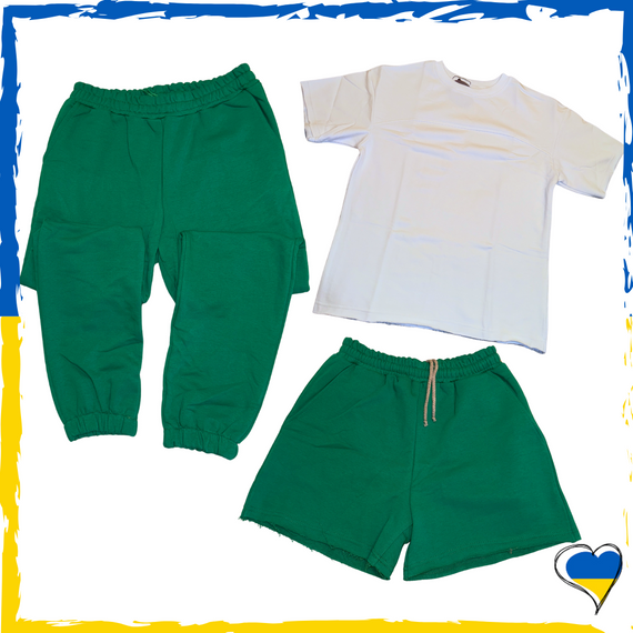 Костюм женский тройка 3в1 шорты брюки зеленый трендовый оверсайз S/M, L/XL