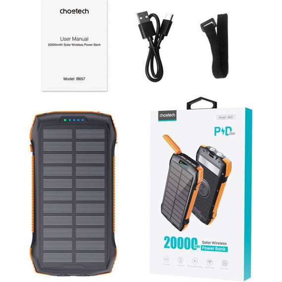УМБ Choetech Wireless 20000mAh 20W PD,QC3.0 3USB-A,solar panel, Qi-5W Black-Orange | Зображення 1