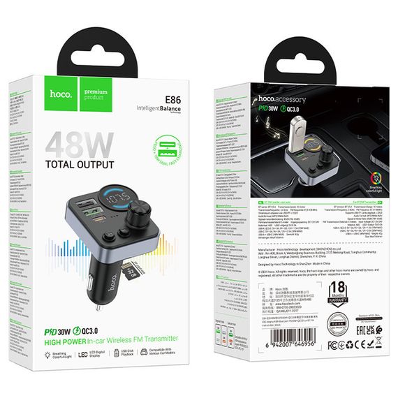 АЗП FM модулятор Hoco E86 Alegria PD30W+QC3.0 48W (2USB-A/1C) Black | Зображення 4