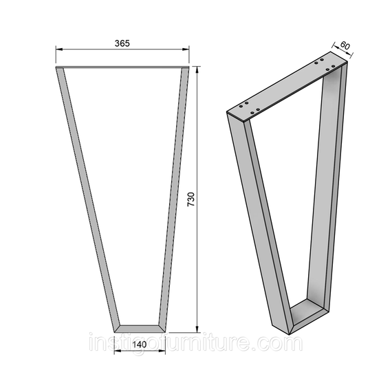 Опора ножка для столу з металу 365×60mm, H=730mm (профільна труба: 60x20mm) Сірий | Зображення 3