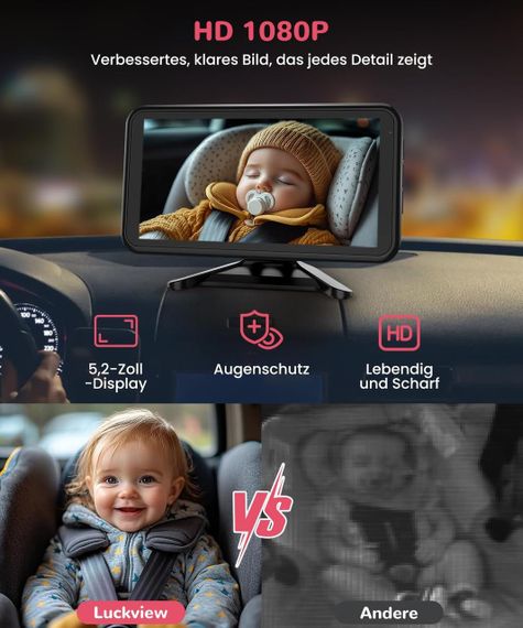 Автомобільна відеоняня LUCKVIEW, монітор 5.2” з камерою заднього виду для малюків в авто Full HD, нічне бачення | Зображення 5