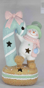 Новорічна декоративна фігурка з підсвіткою 12×8,5×21 см Новорічний декор Сніговик з тростинкою з порцеляни CR-6-10