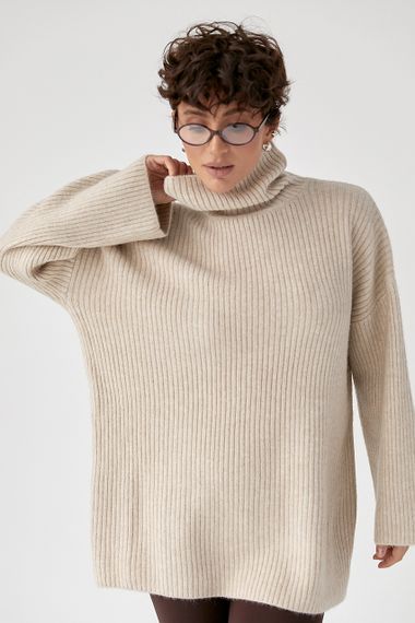 Тепла в'язана туніка в рубчик - бежевий цвет, ONE SIZE (є розміри)