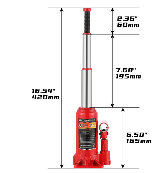 Домкрат BAOSHISHAN 3 тонни з двома штовхачами, діапазон підйому від 6-1/2" до 16-1/2", портативний гідравліч | Зображення 1