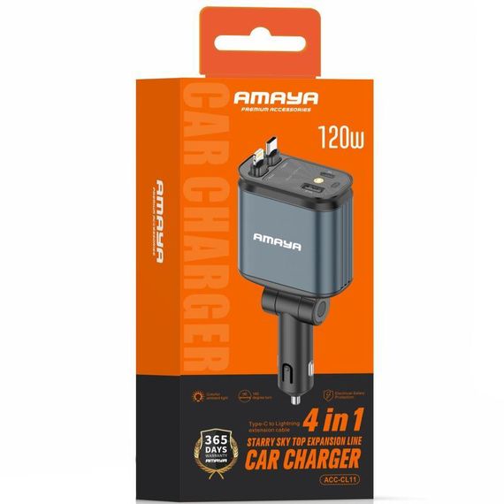 АЗП Amaya ACC-CL11 PD57.5W+QC3.0 (1USB-A/1C) with retractable cable Type-C + Lightning Gray | Зображення 2