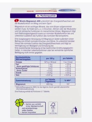 Витамины Mivolis Magnesium 400 mg. Миволис  Магний 400 мг., 60 таблеток | Зображення 1