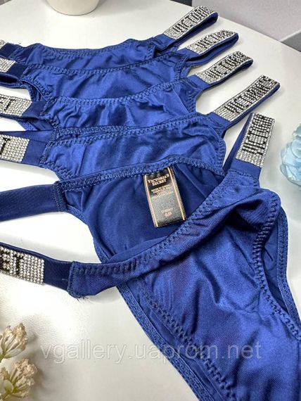 Женские синие трусики Бразилиана Victoria's Secret со стразами, женские трусики с кружевом и стразами Виктория Сикрет | Зображення 4