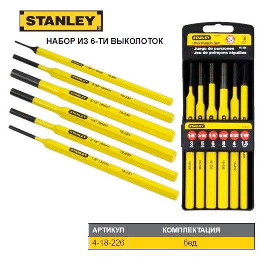 Набор пробойник слесарний STANLEY M=1,5/3/4/5/6/7/8 мм 6 штук 4-18-226