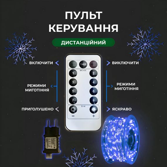 Гірлянда роса на пульті 50 метрів на 500 led світлодіодів крапля на білому дроті синя 500L50MWBL | Зображення 1