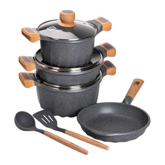 Набор посуды, 3 кастрюли, алюминиевая толстодонная кастрюля MGC с лопаткой и половником, серый.