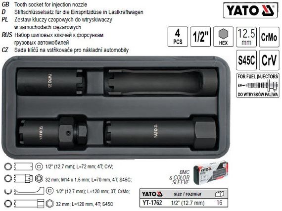 Набор ключи YATO Польша шиповые для форсунок 1/2" 4 штуки YT-1762