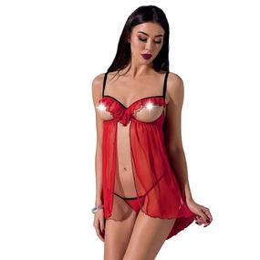 Прозорий пеньюар з відкритими грудьми CHERRY CHEMISE red L/XL - Passion Exclusive, трусики