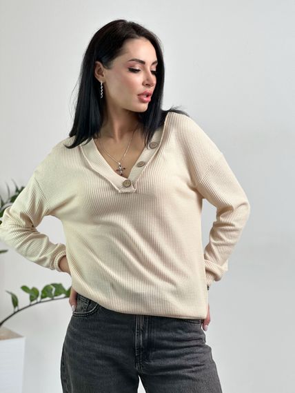 Женский пуловер с V-образным вырезом свободный трикотажный цвет бежевый, размер 50/52 GF4217 | Зображення 1