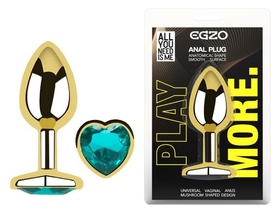 Анальна пробка з кристалом EGZO - Gold Heart Plug Marine size M Sex Aura