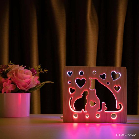 Светильник ночник ArtEco Light из дерева LED "Кот и пес" с пультом и регулировкой... | Зображення 1