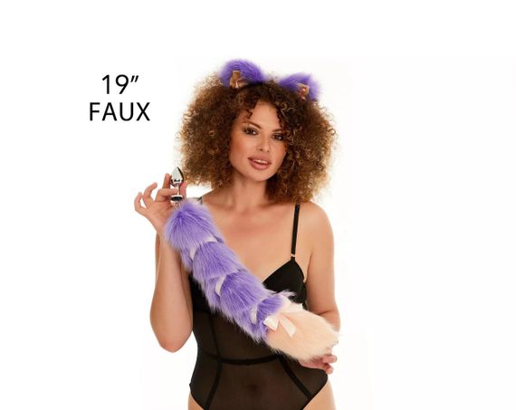 Анальний хвіст зі стрічкою без пробки, Фіолетовий з персиковим кінчиком, OKOVA 50 см. Sex Aura