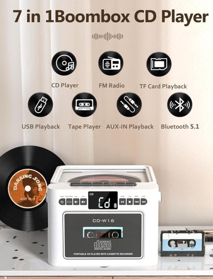 CD плеєр портативний перезаряджуваний Boombox із касетним плеєром, Bluetooth Boombox з акумулятором 5000 мА·год | Зображення 2