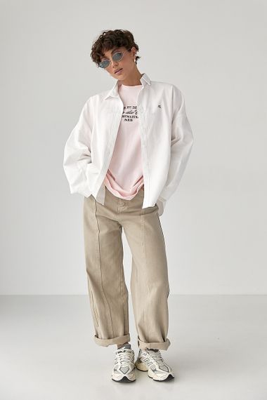 Котонова сорочка з вишитим написом - молочний цвет, ONE SIZE (є розміри) | Зображення 2