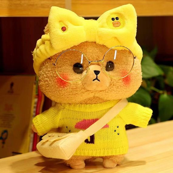 Велика Плюшева Іграшка Ведмедик Тедді Лалафанфан у Жовтій Пов'язці та Окулярах Cafe Mimi 30 см