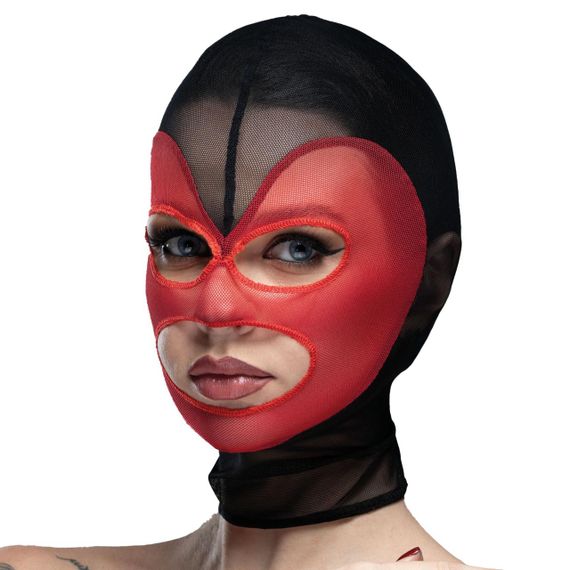 Маска серце сітка з відкритим ротом та очима Feral Feelings - Hearts Mask Black/Red Sex Aura