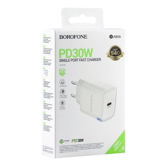 Сетевое Зарядное Устройство Borofone BA84A 1USB-C PD/QC 30W | Зображення 1