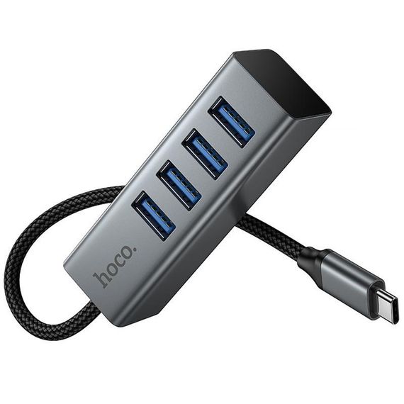 Перехідник HUB Hoco HB1C 4in1 (Type-C to 4xUSB 3.0) (0.2m) Metal gray | Зображення 5